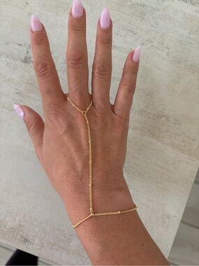 Gold plated Hand Chain Bracelet with Ring Link - Women's Jewelry